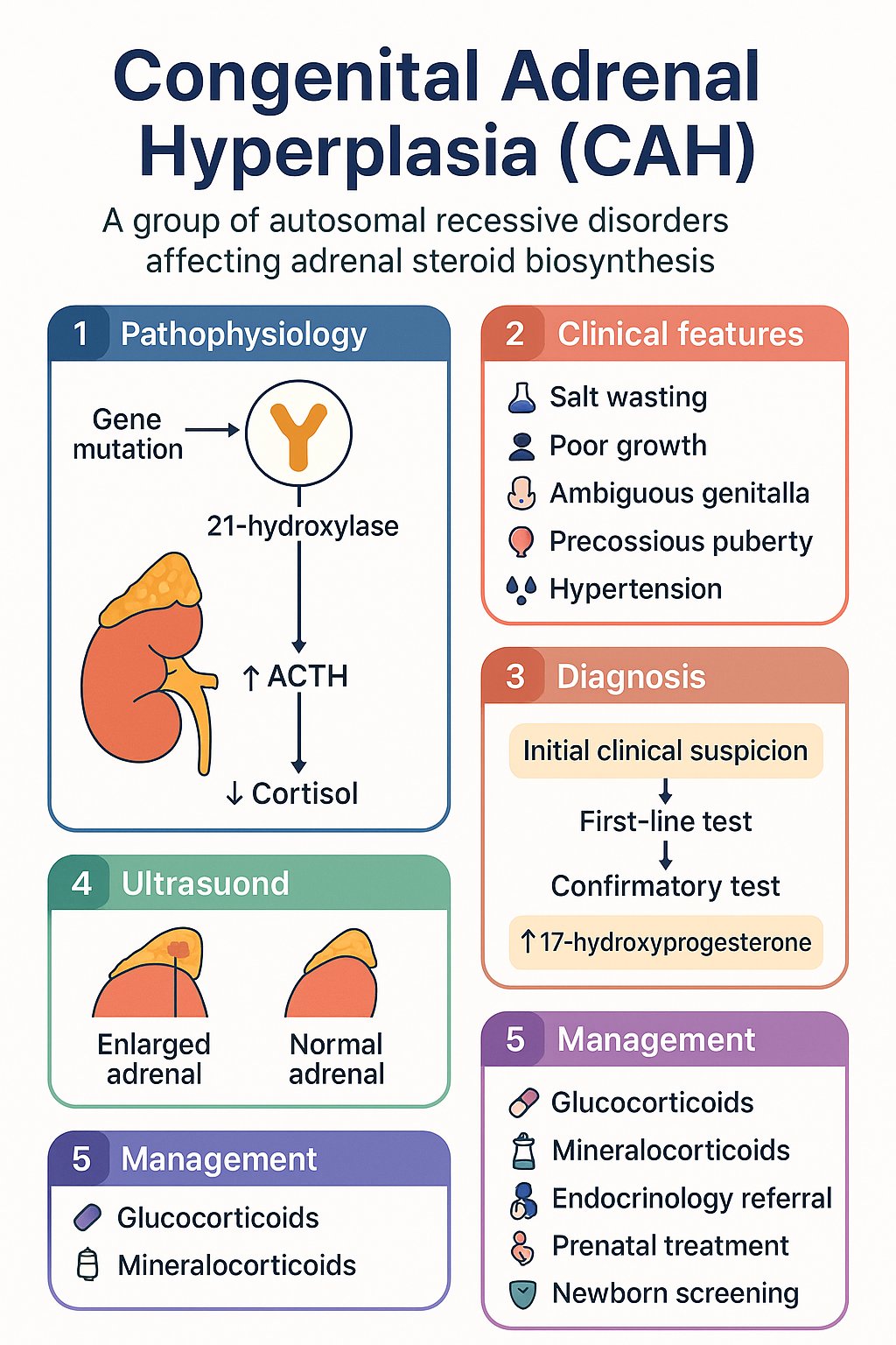 Congenital Adrenal Hyperplasia (CAH) clinical infographic — pathophysiology, clinical clues, diagnosis, imaging, and management