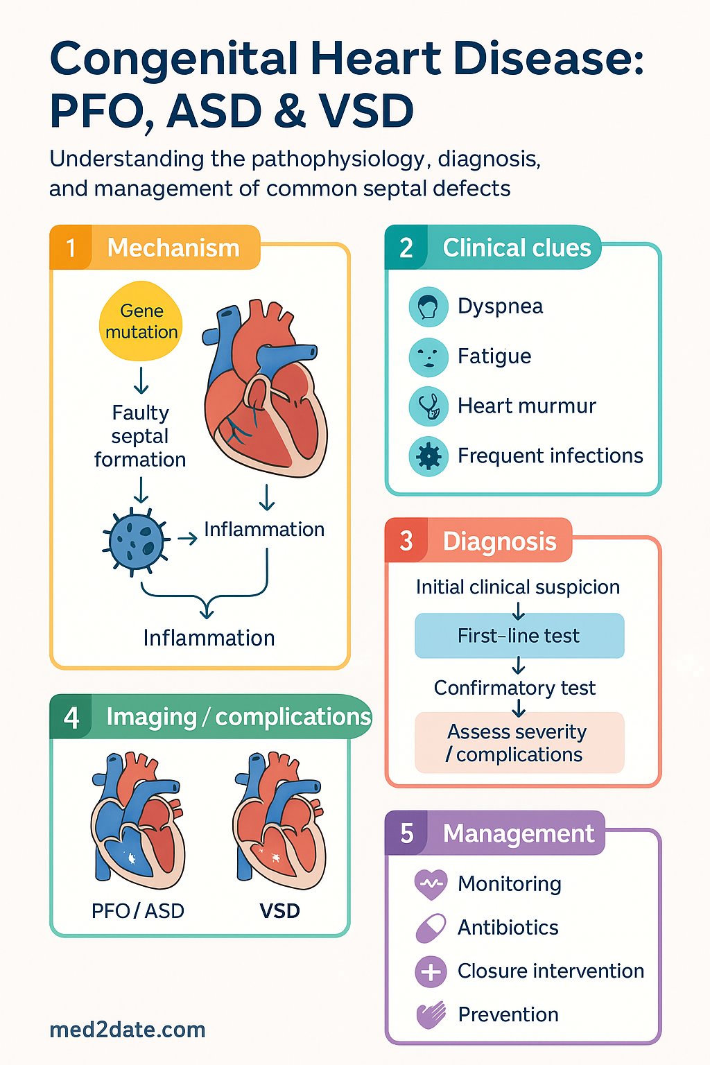 Congenital Heart Disease: PFO, ASD & VSD clinical infographic — pathophysiology, clinical clues, diagnosis, imaging, and management