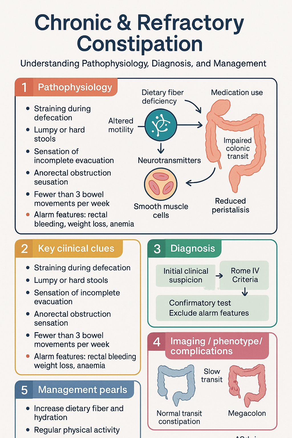 Constipation (Chronic & Refractory) clinical infographic — pathophysiology, clinical clues, diagnosis, imaging, and management