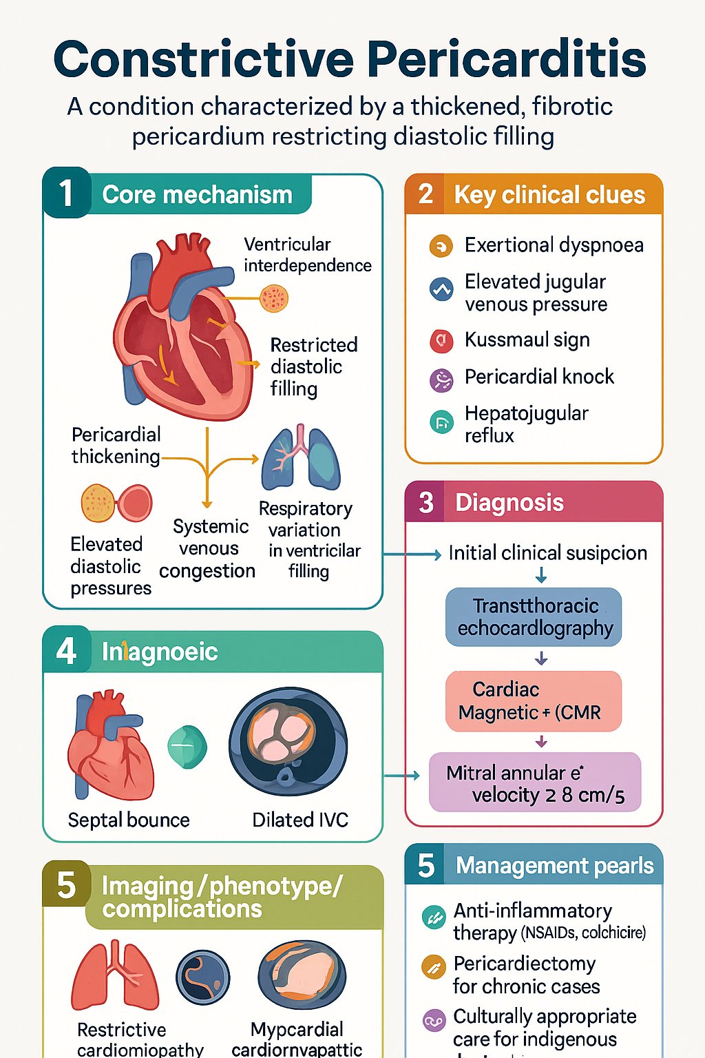 Constrictive Pericarditis clinical infographic — pathophysiology, clinical clues, diagnosis, imaging, and management