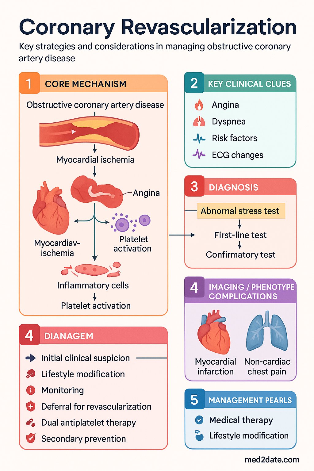 Coronary Revascularization clinical infographic — pathophysiology, clinical clues, diagnosis, imaging, and management