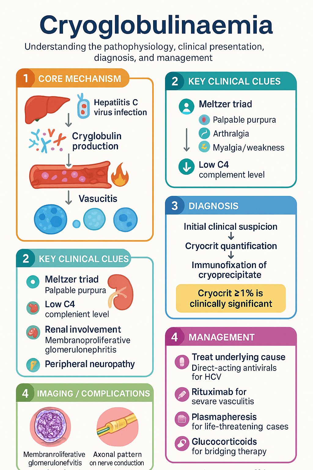 Cryoglobulinaemia clinical infographic — pathophysiology, clinical clues, diagnosis, imaging, and management