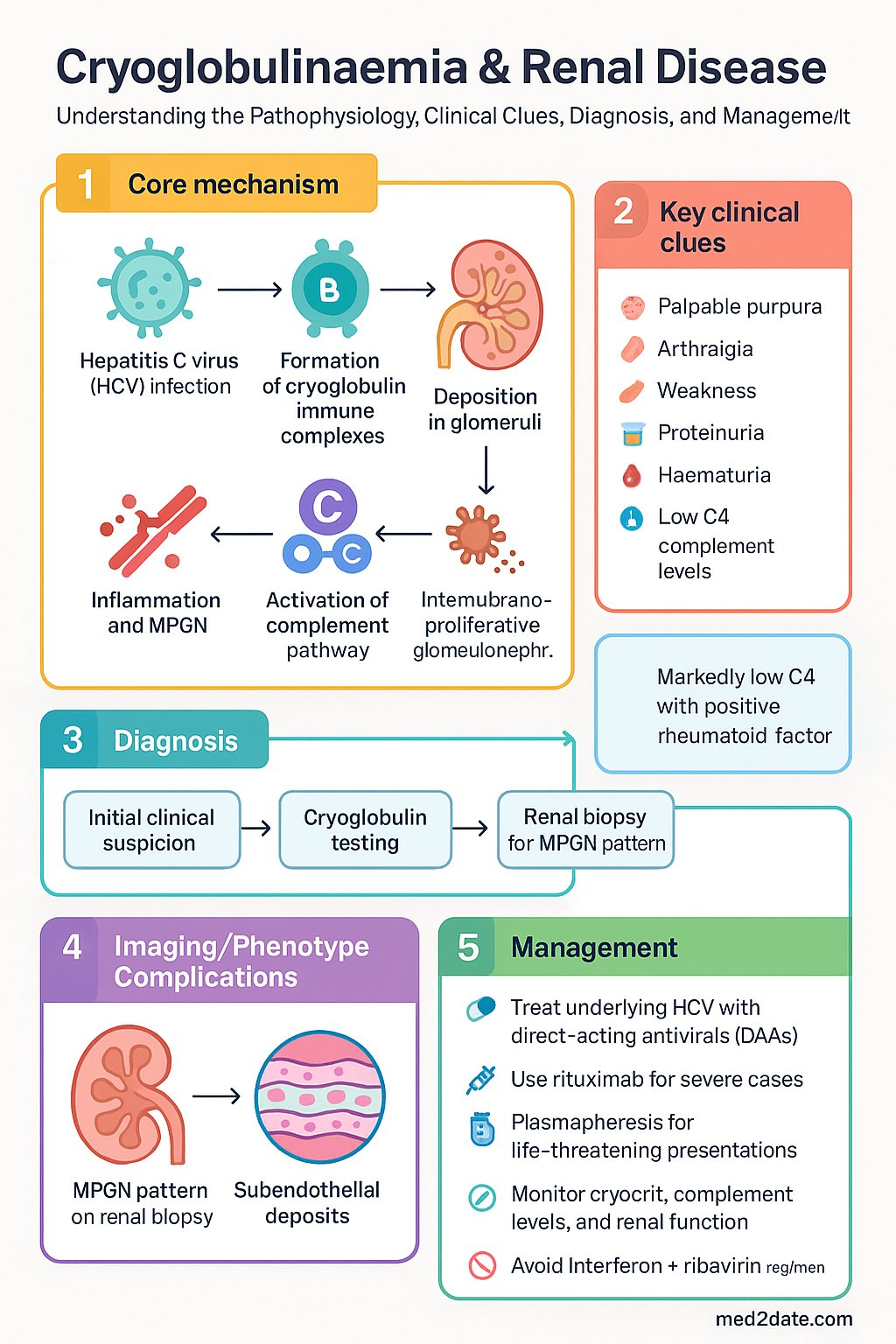 Cryoglobulinaemia & Renal Disease clinical infographic — pathophysiology, clinical clues, diagnosis, imaging, and management