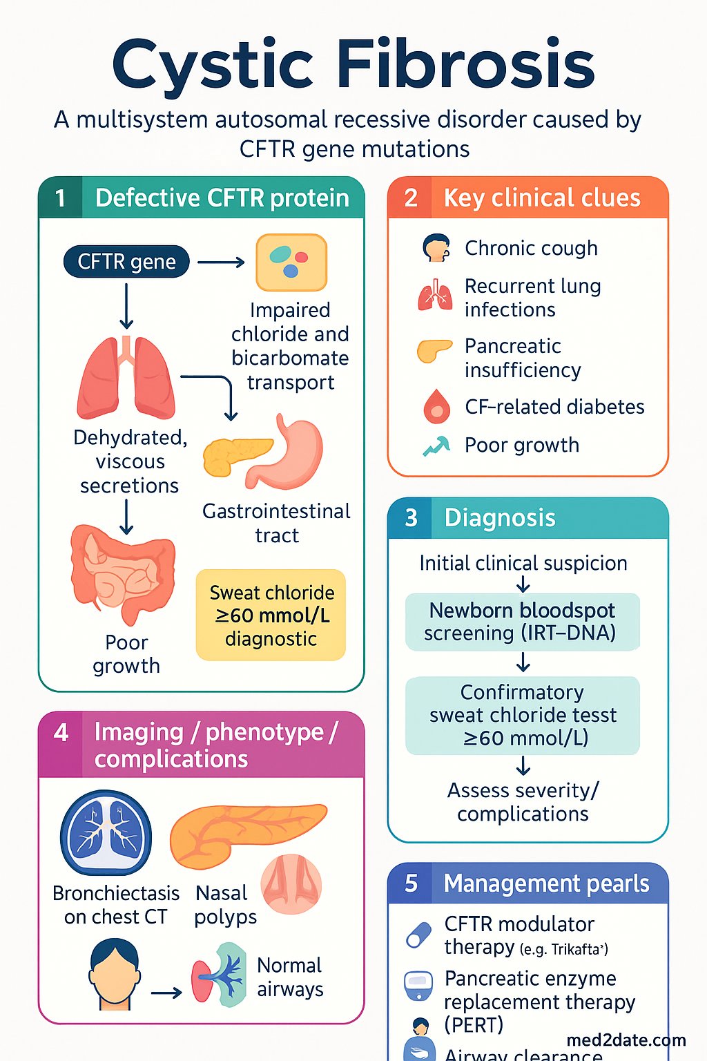 Cystic Fibrosis clinical infographic — pathophysiology, clinical clues, diagnosis, imaging, and management