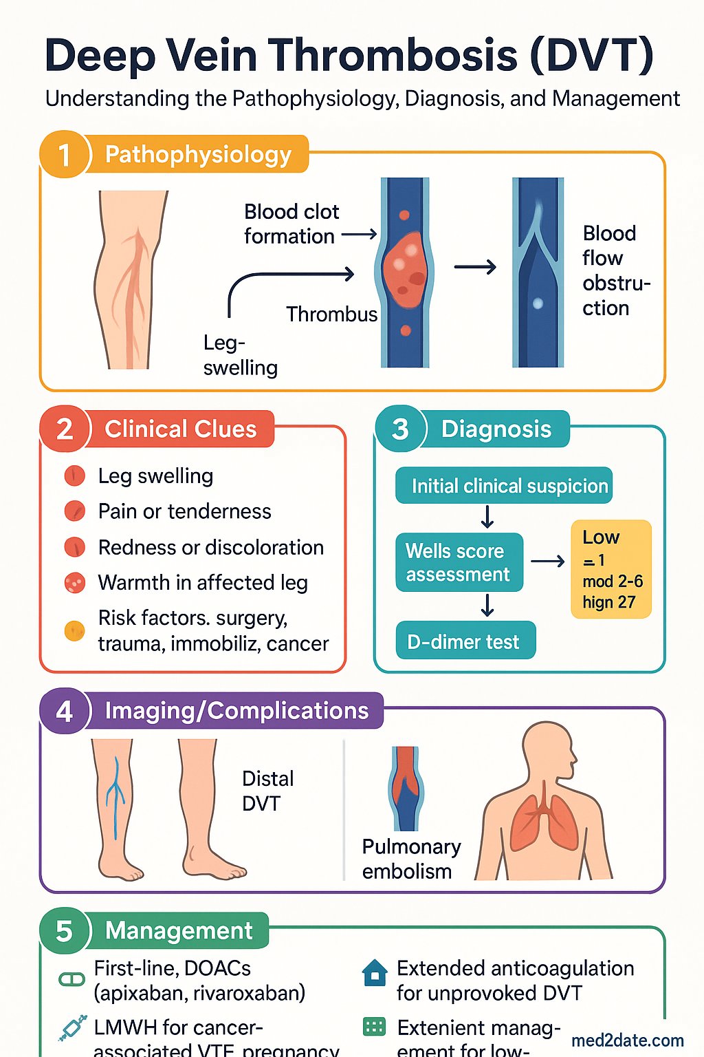 Deep Vein Thrombosis (DVT) clinical infographic — pathophysiology, clinical clues, diagnosis, imaging, and management
