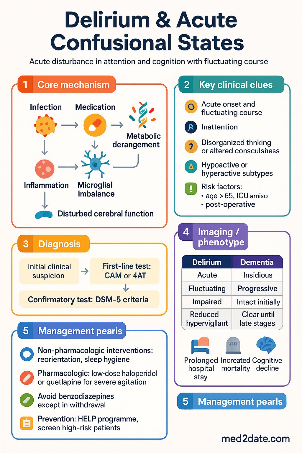 Delirium & Acute Confusional States clinical infographic — pathophysiology, clinical clues, diagnosis, imaging, and management