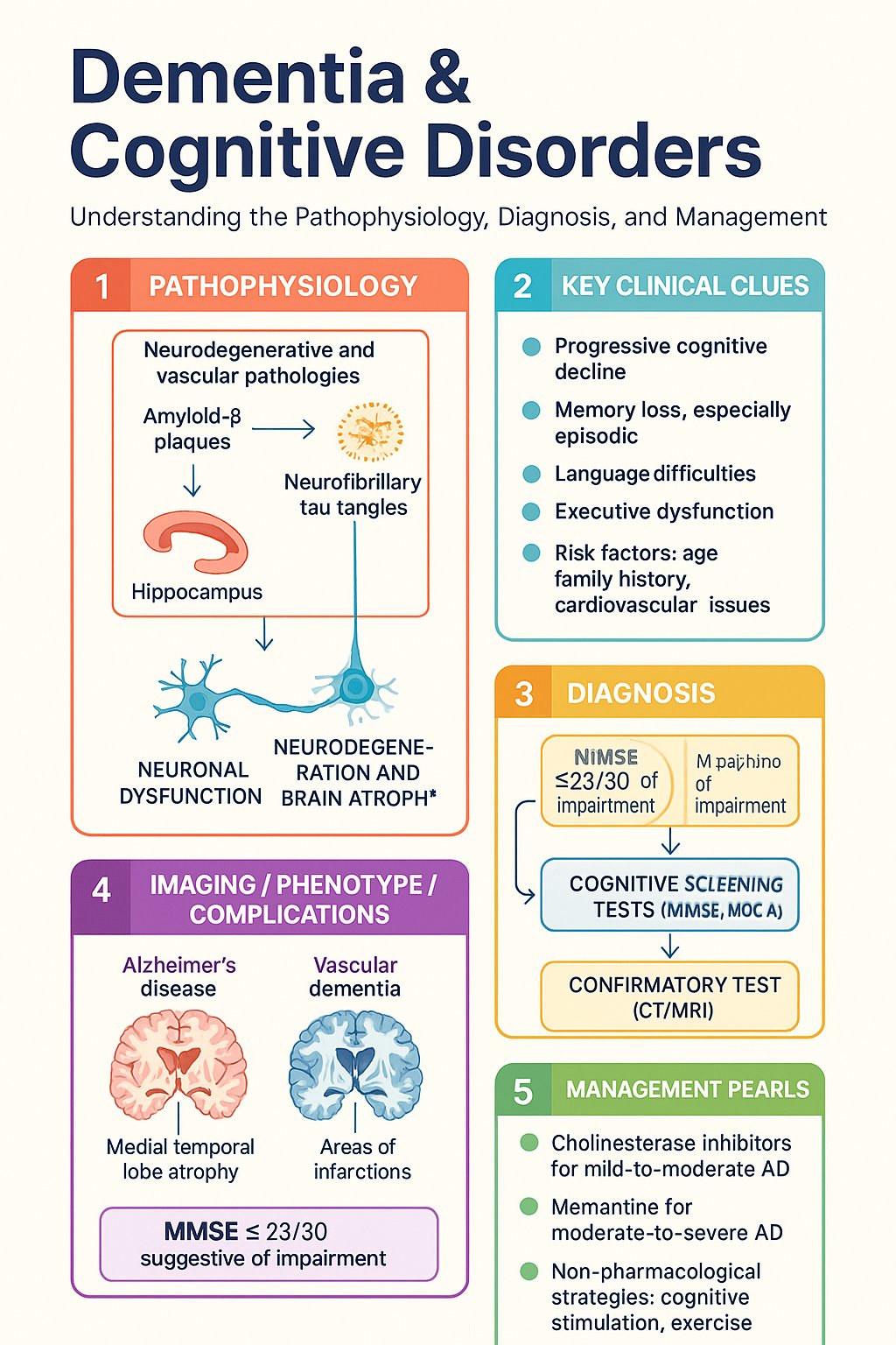 Dementia & Cognitive Disorders clinical infographic — pathophysiology, clinical clues, diagnosis, imaging, and management