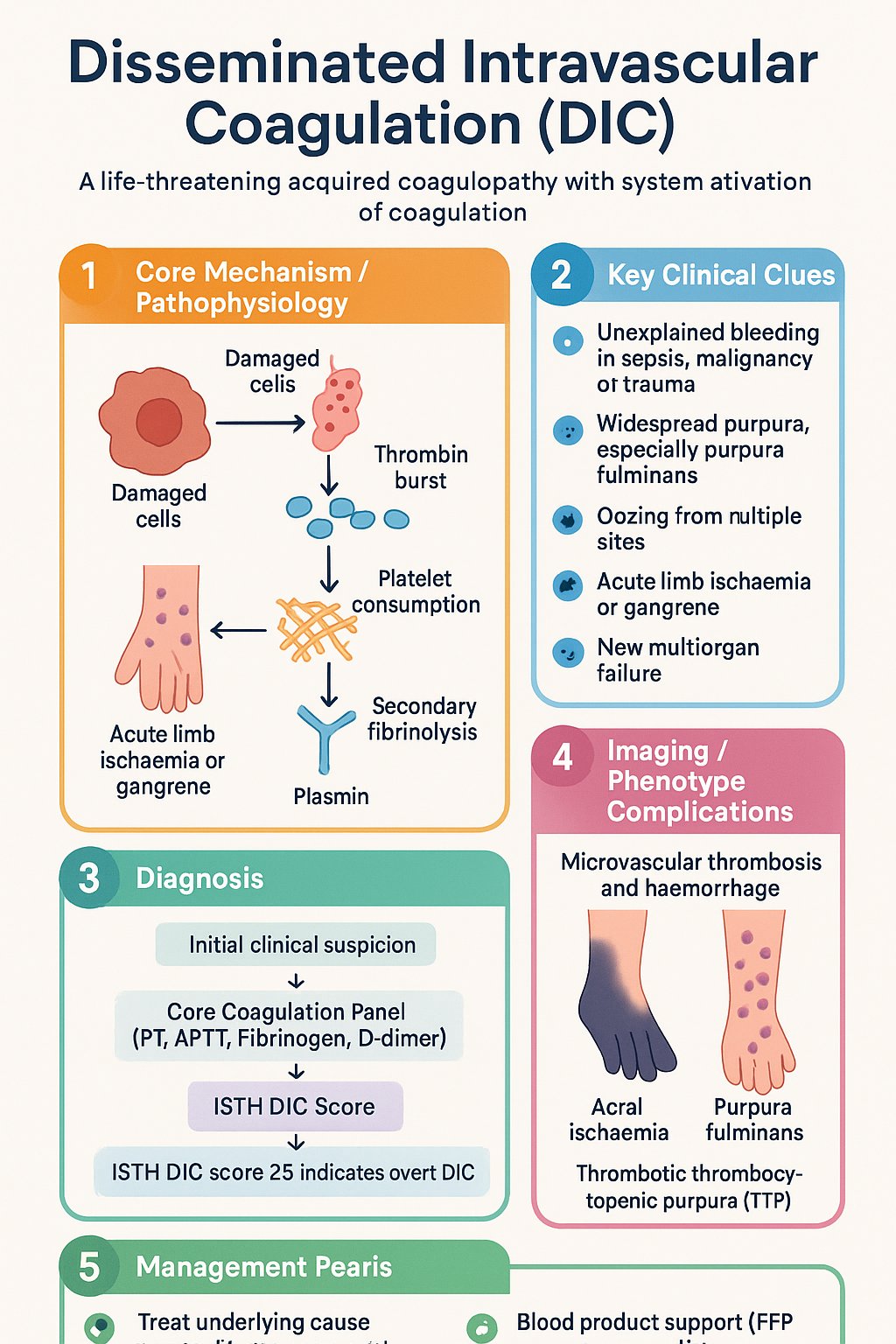 Disseminated Intravascular Coagulation (DIC) clinical infographic — pathophysiology, clinical clues, diagnosis, imaging, and management