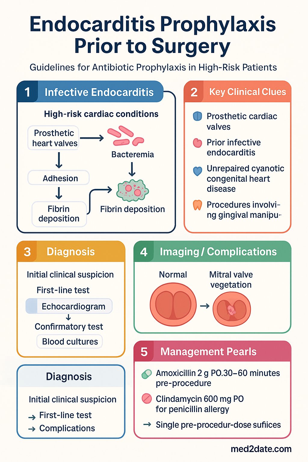 Endocarditis Prophylaxis Prior to Surgery clinical infographic — pathophysiology, clinical clues, diagnosis, imaging, and management