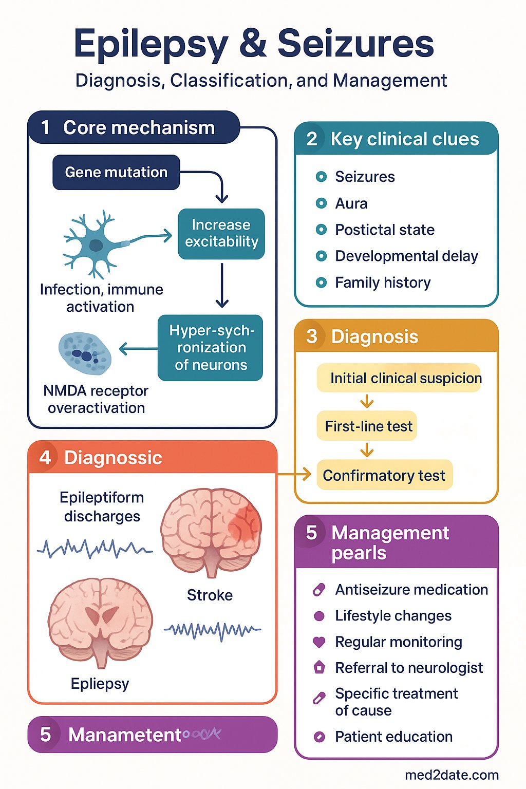 Epilepsy & Seizures clinical infographic — pathophysiology, clinical clues, diagnosis, imaging, and management