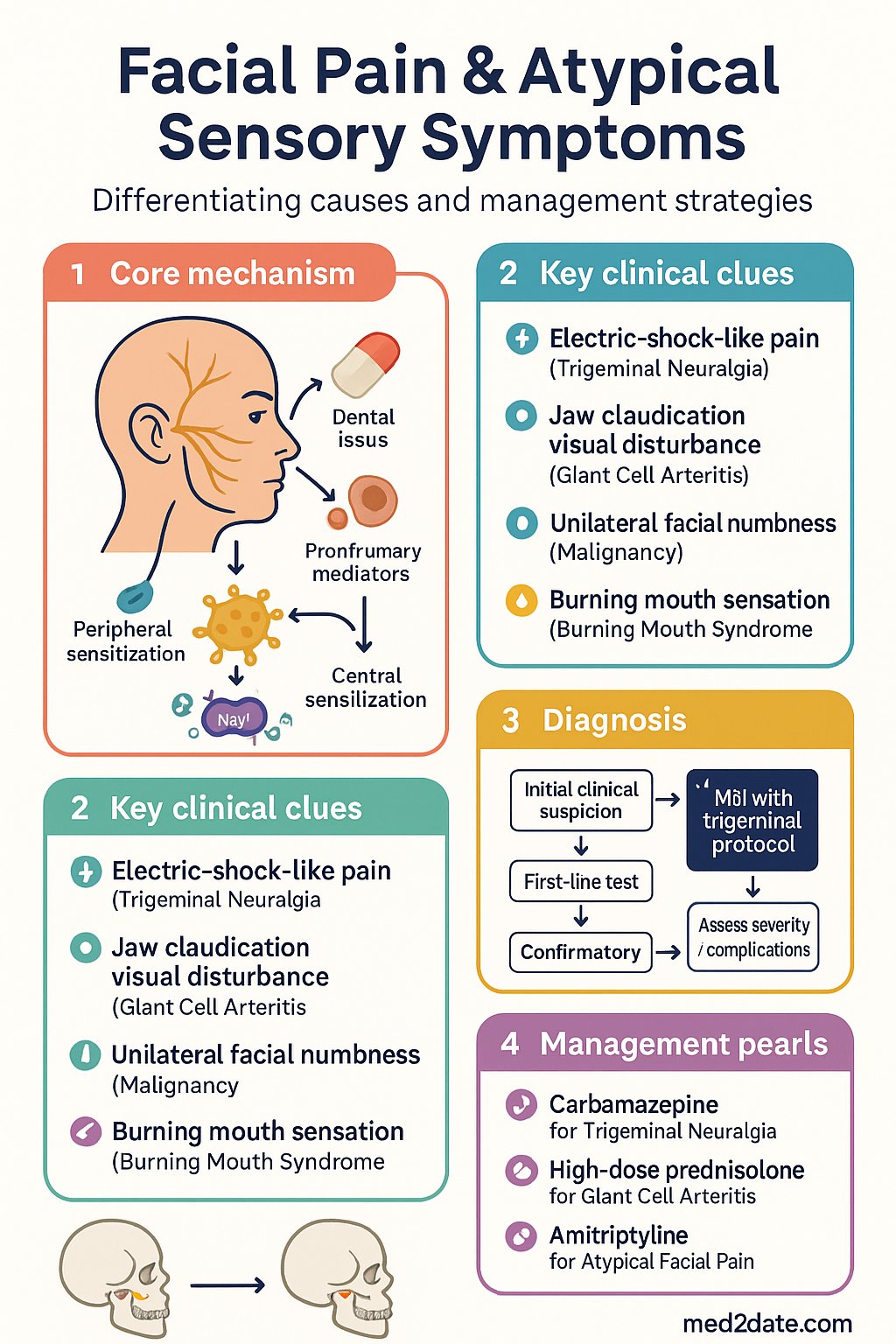 Facial Pain & Atypical Sensory Symptoms clinical infographic — pathophysiology, clinical clues, diagnosis, imaging, and management