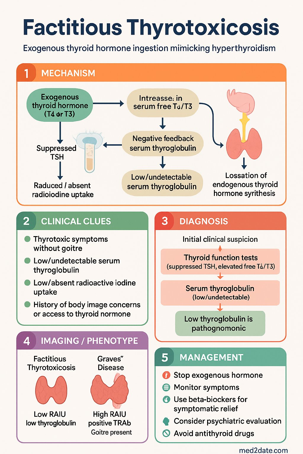Factitious Thyrotoxicosis clinical infographic — pathophysiology, clinical clues, diagnosis, imaging, and management