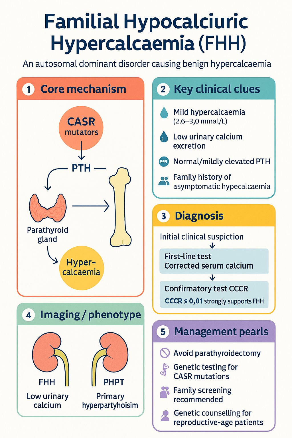 Familial Hypocalciuric Hypercalcaemia (FHH) clinical infographic — pathophysiology, clinical clues, diagnosis, imaging, and management