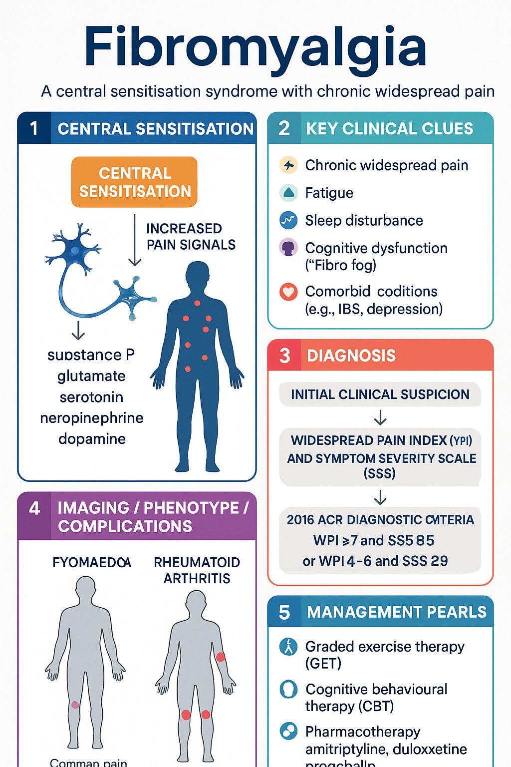 Fibromyalgia clinical infographic — pathophysiology, clinical clues, diagnosis, imaging, and management