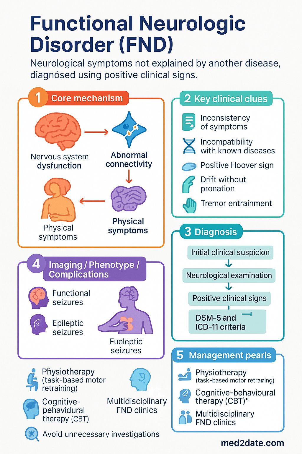 Functional Neurologic Disorder (FND) clinical infographic — pathophysiology, clinical clues, diagnosis, imaging, and management
