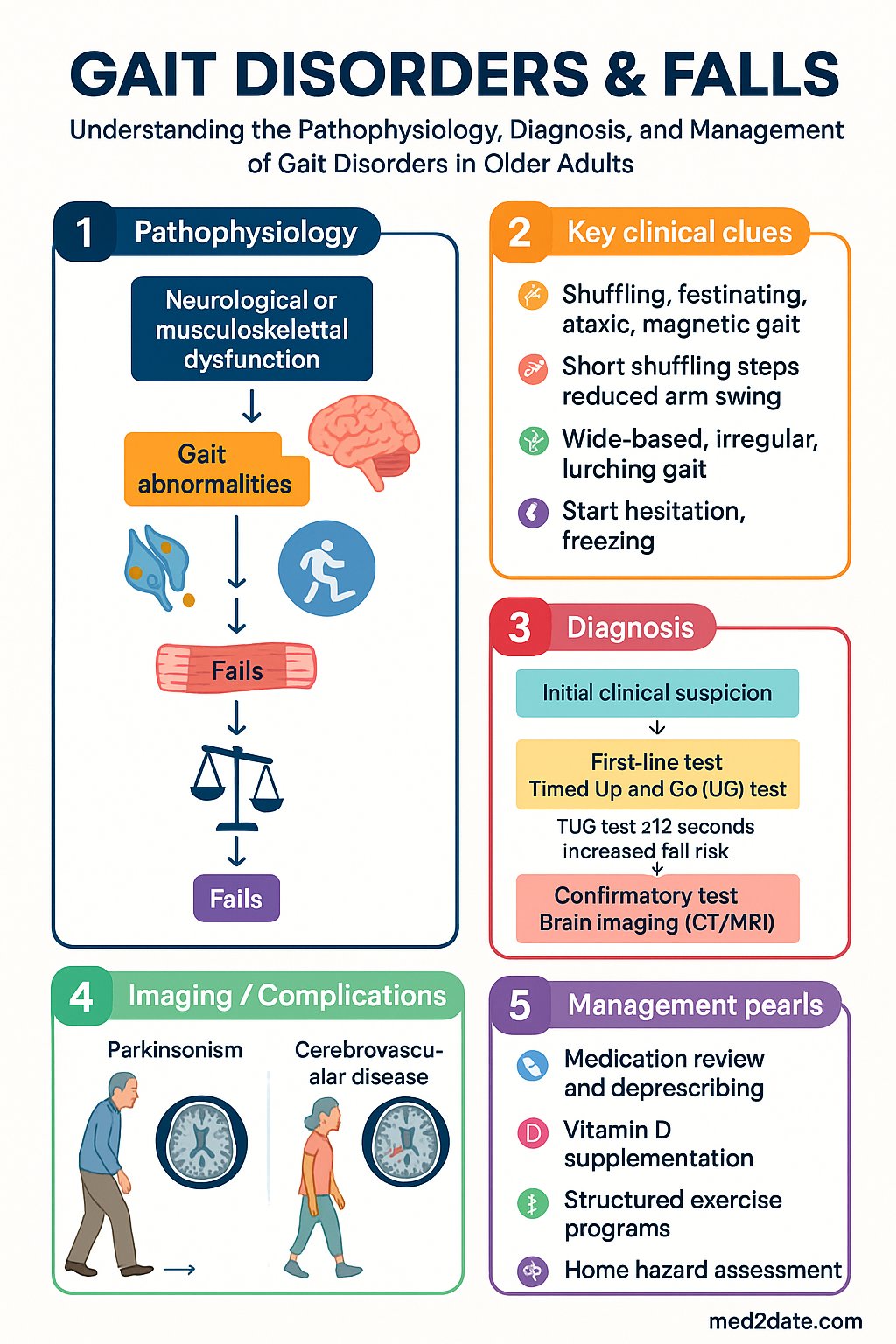 Gait Disorders & Falls clinical infographic — pathophysiology, clinical clues, diagnosis, imaging, and management