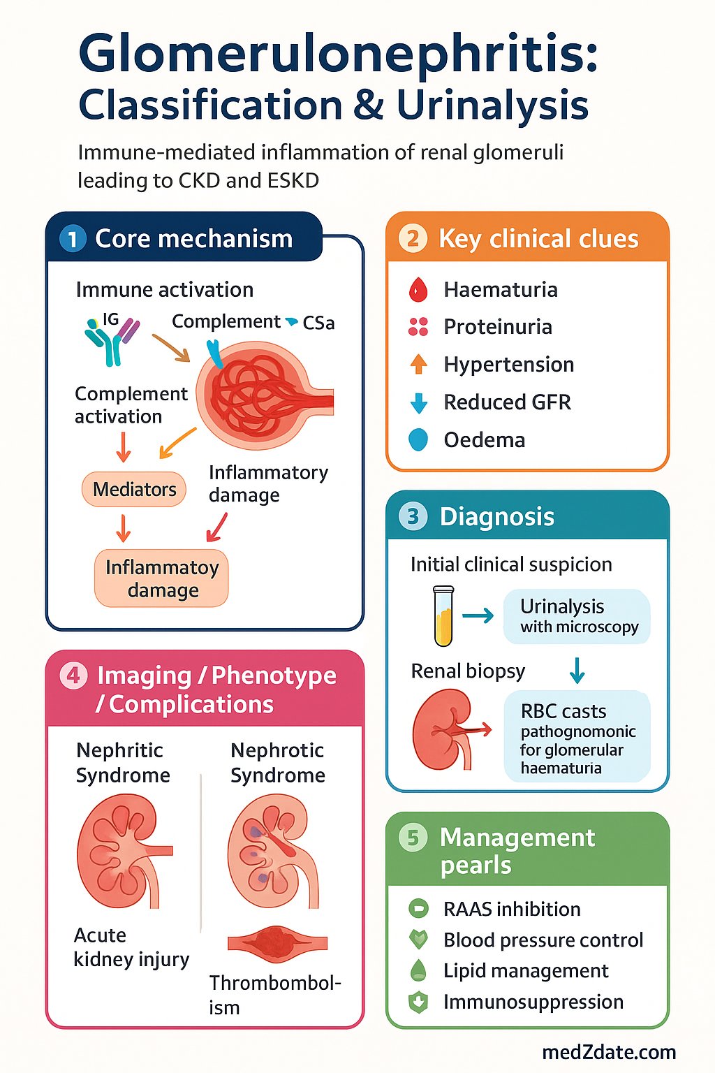 Glomerulonephritis: Classification & Urinalysis clinical infographic — pathophysiology, clinical clues, diagnosis, imaging, and management