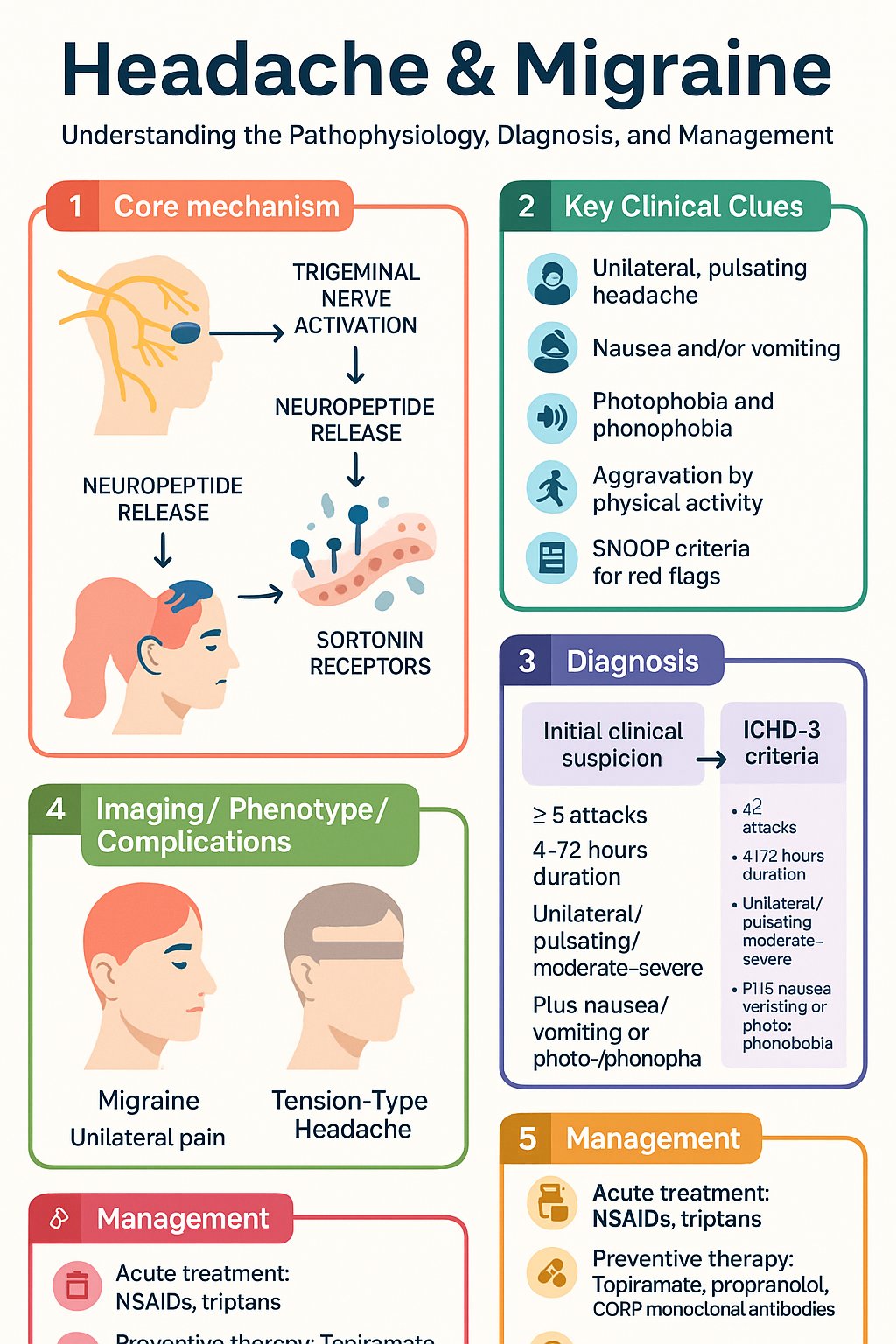 Headache & Migraine clinical infographic — pathophysiology, clinical clues, diagnosis, imaging, and management