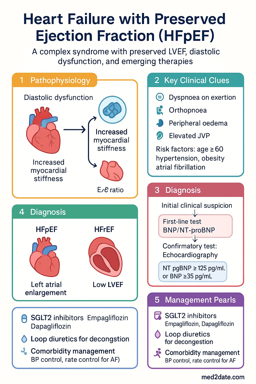 Heart Failure with Preserved Ejection Fraction (HFpEF) clinical infographic — pathophysiology, clinical clues, diagnosis, imaging, and management