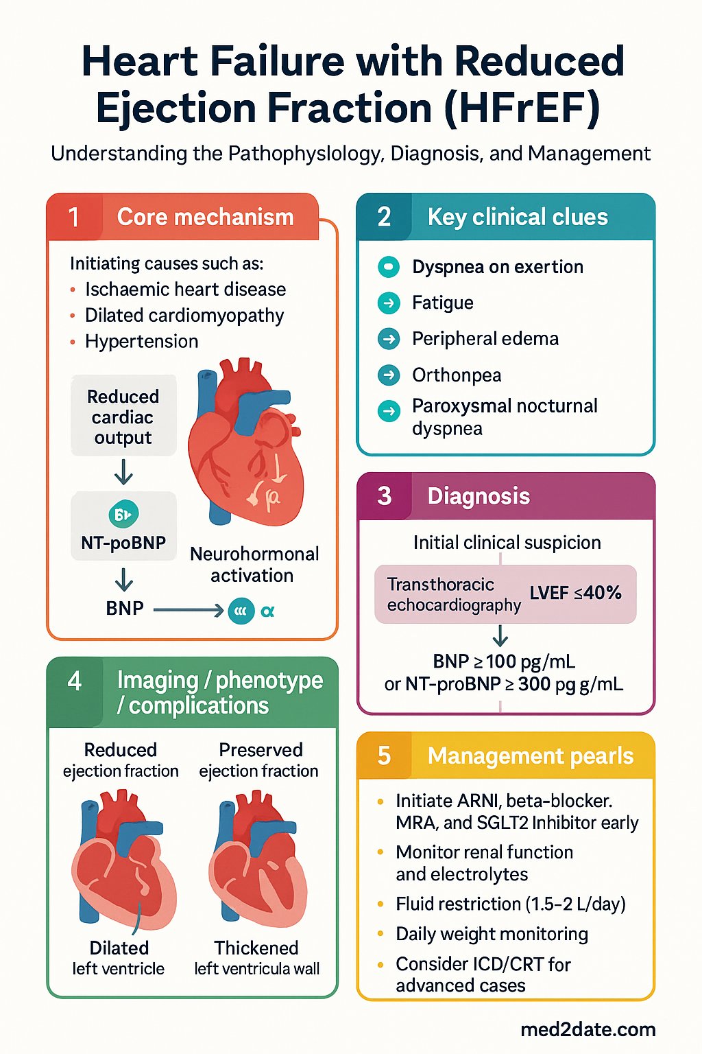 Heart Failure with Reduced Ejection Fraction (HFrEF) clinical infographic — pathophysiology, clinical clues, diagnosis, imaging, and management