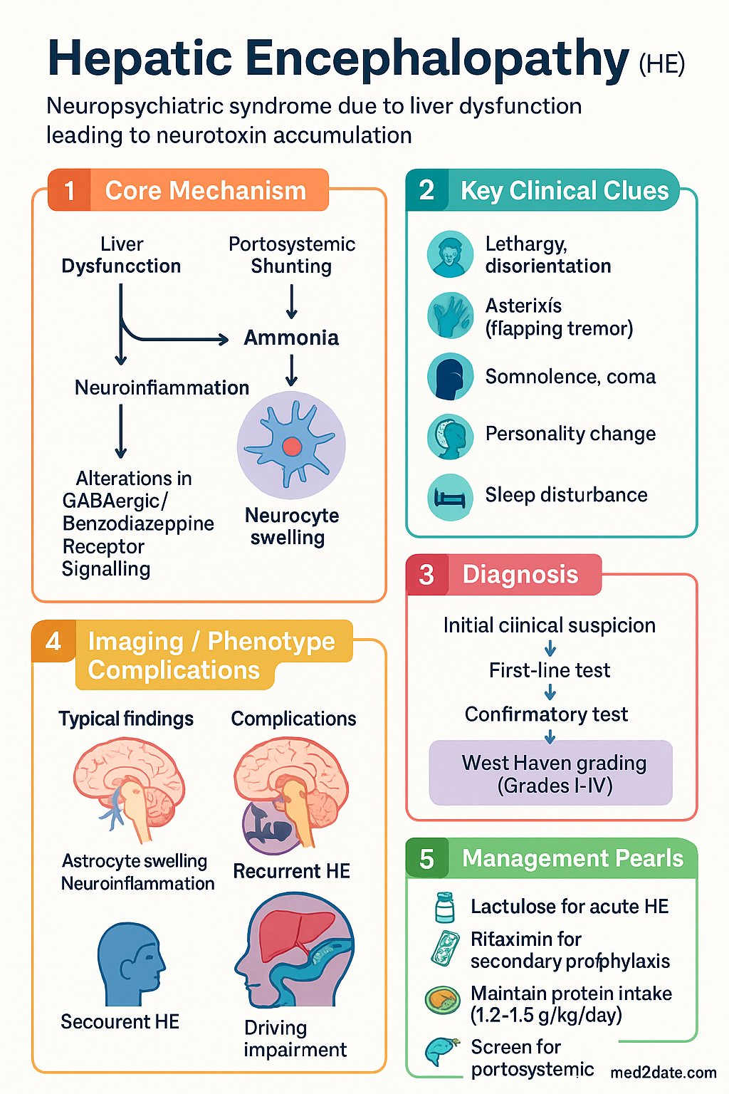 Hepatic Encephalopathy (HE) clinical infographic — pathophysiology, clinical clues, diagnosis, imaging, and management