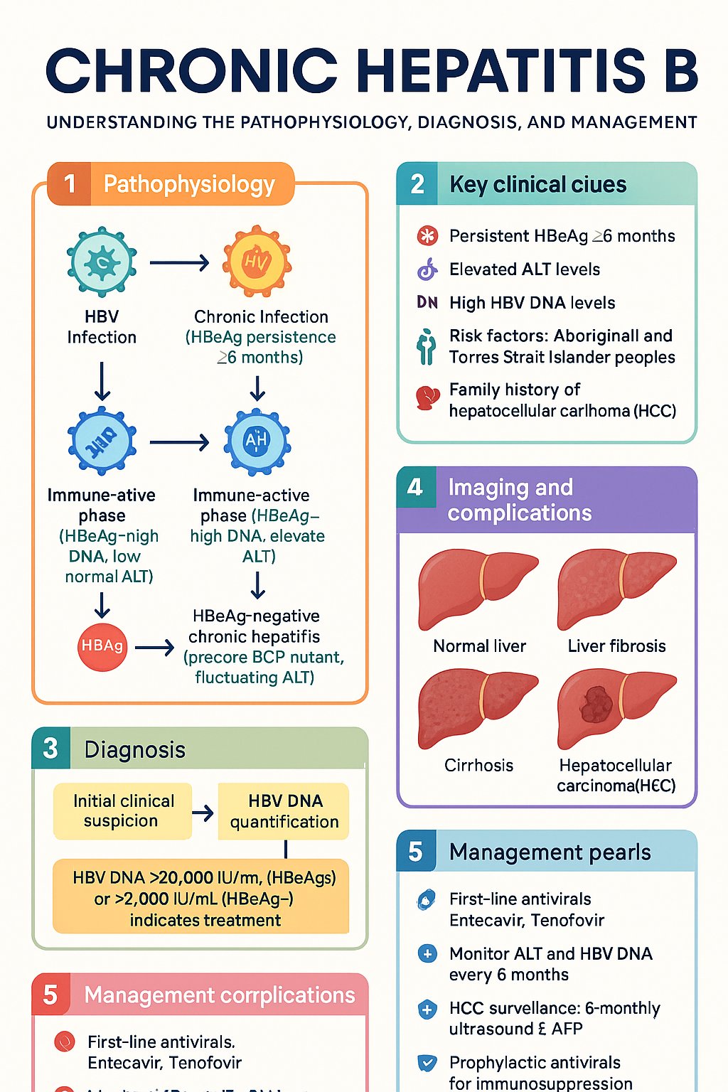 Hepatitis B — Chronic clinical infographic — pathophysiology, clinical clues, diagnosis, imaging, and management