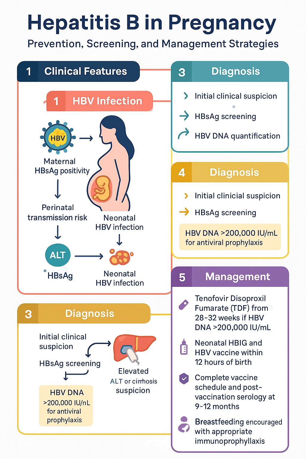 Hepatitis B in Pregnancy clinical infographic — pathophysiology, clinical clues, diagnosis, imaging, and management