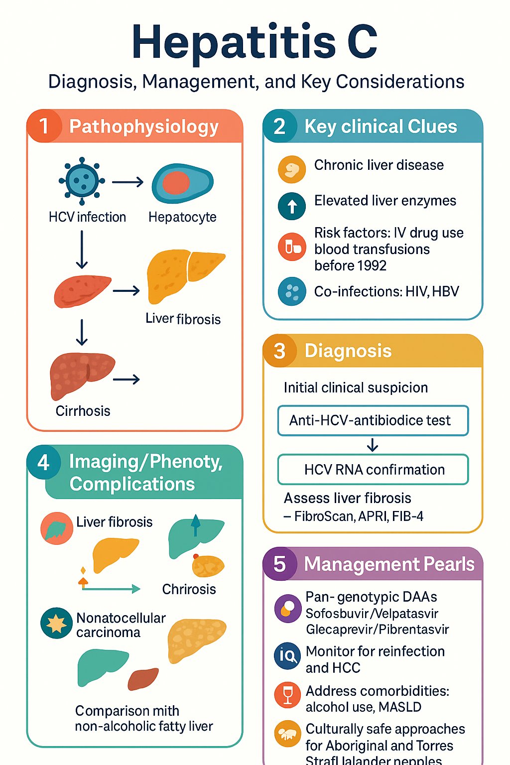 Hepatitis C clinical infographic — pathophysiology, clinical clues, diagnosis, imaging, and management