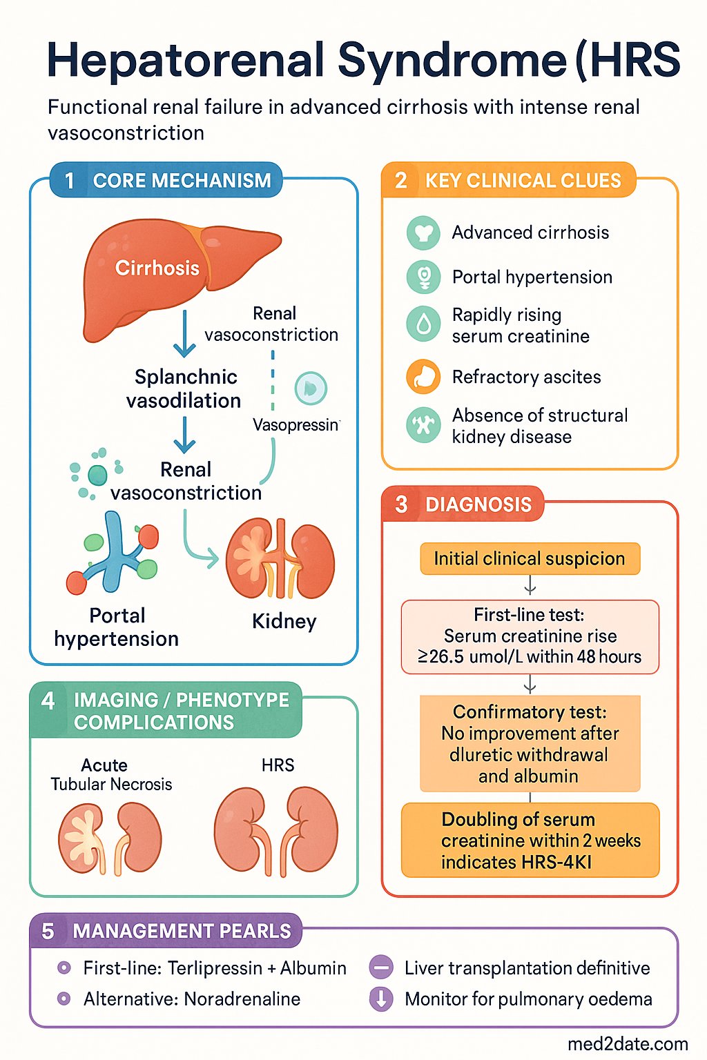 Hepatorenal Syndrome (HRS) clinical infographic — pathophysiology, clinical clues, diagnosis, imaging, and management