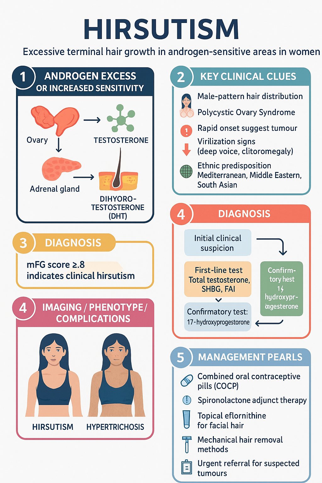 Hirsutism clinical infographic — pathophysiology, clinical clues, diagnosis, imaging, and management