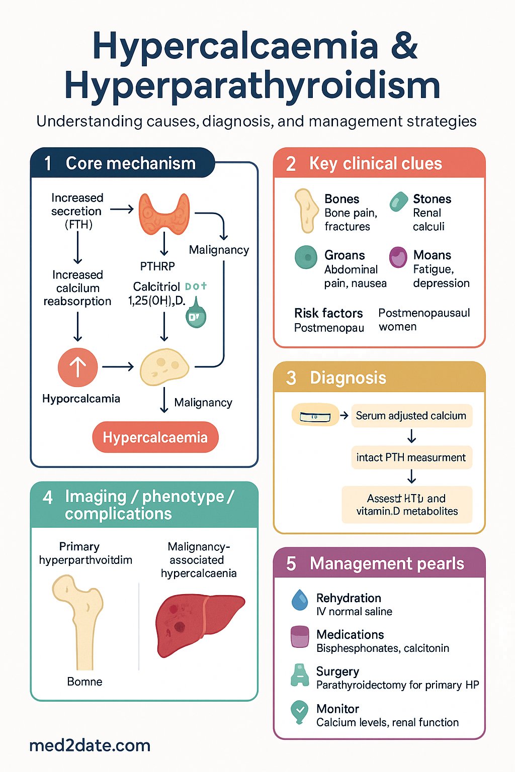 Hypercalcaemia & Hyperparathyroidism clinical infographic — pathophysiology, clinical clues, diagnosis, imaging, and management