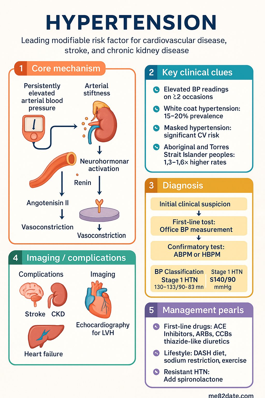 Hypertension clinical infographic — pathophysiology, clinical clues, diagnosis, imaging, and management