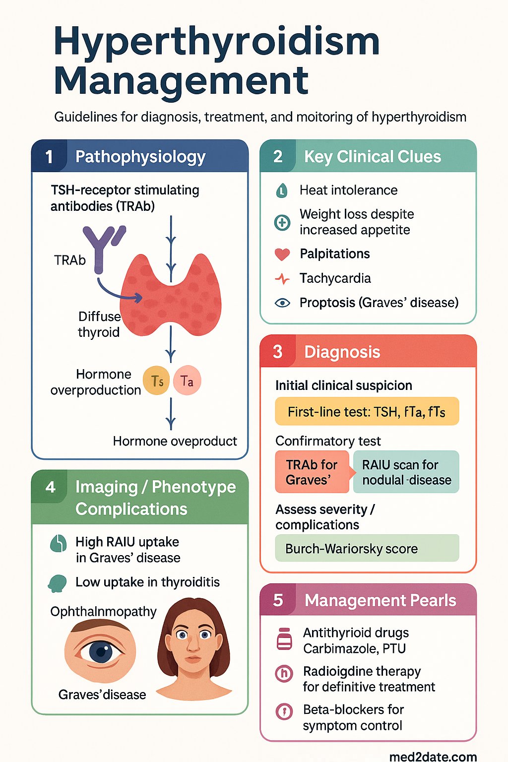 Hyperthyroidism Management clinical infographic — pathophysiology, clinical clues, diagnosis, imaging, and management
