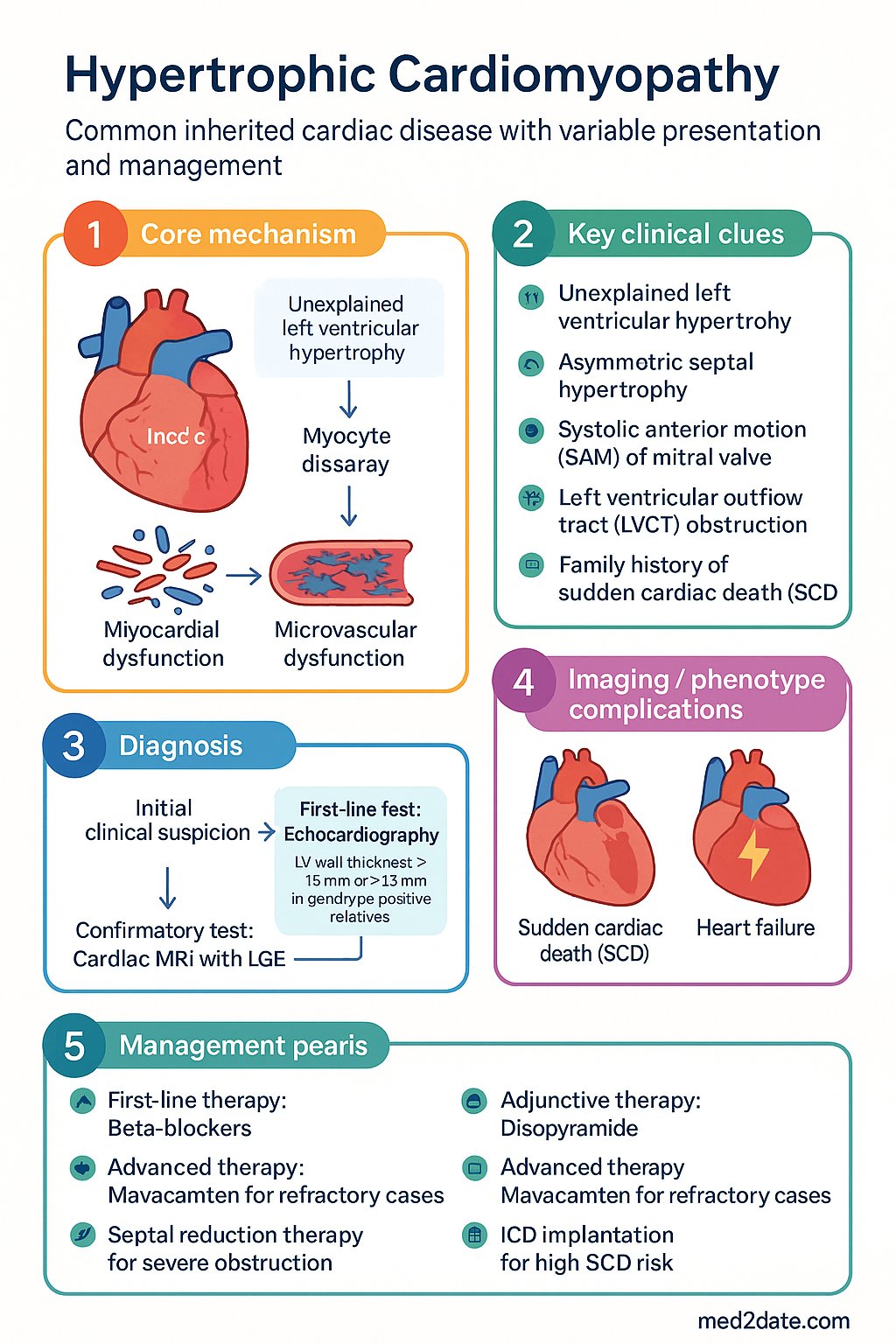 Hypertrophic Cardiomyopathy (HCM) clinical infographic — pathophysiology, clinical clues, diagnosis, imaging, and management