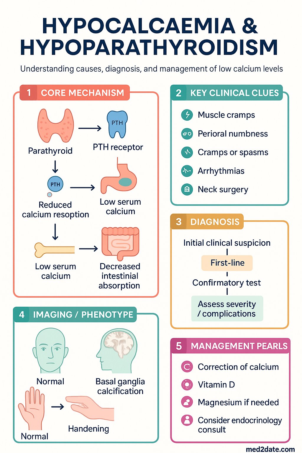 Hypocalcaemia & Hypoparathyroidism clinical infographic — pathophysiology, clinical clues, diagnosis, imaging, and management