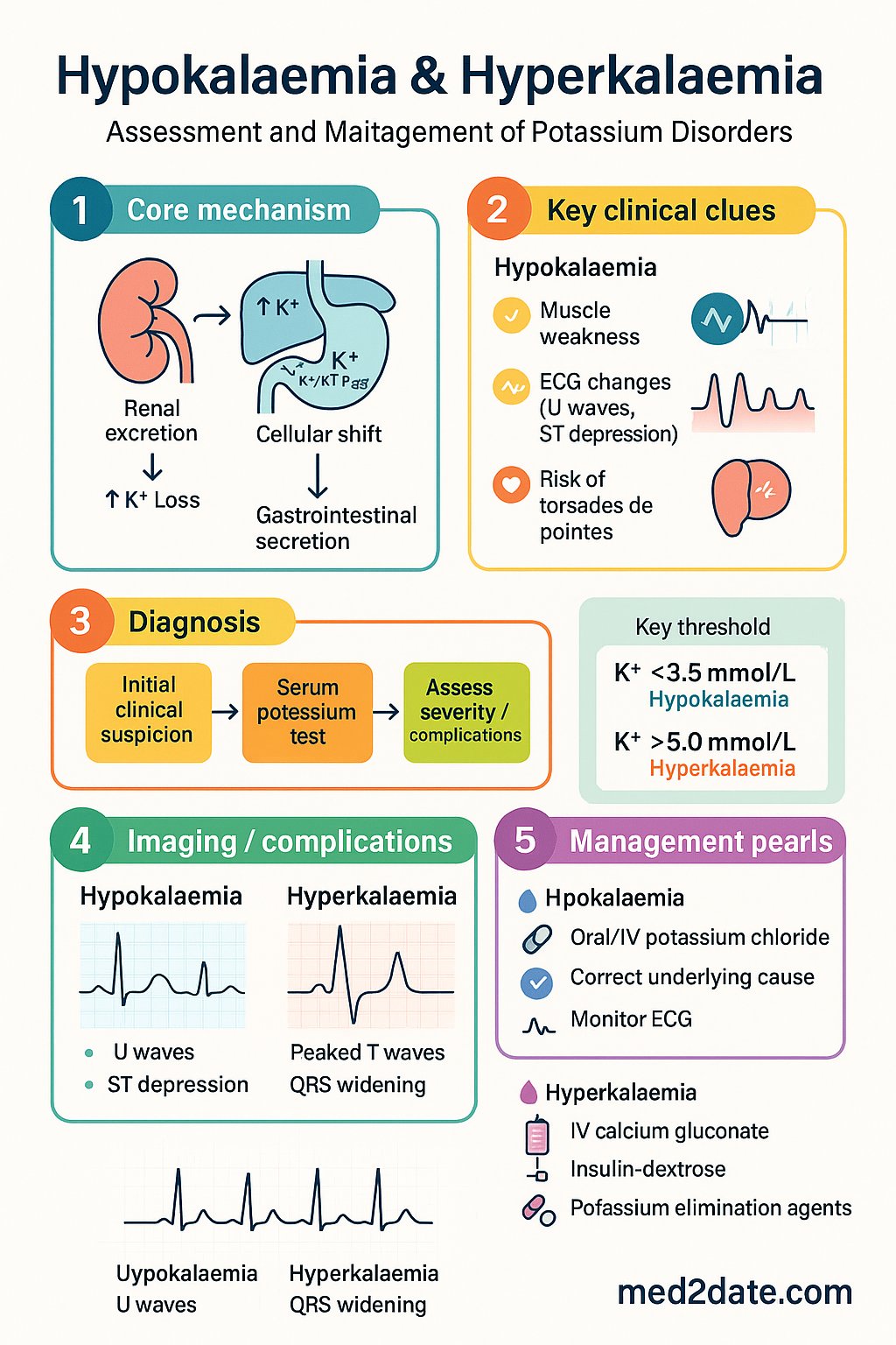 Hypokalaemia & Hyperkalaemia clinical infographic — pathophysiology, clinical clues, diagnosis, imaging, and management