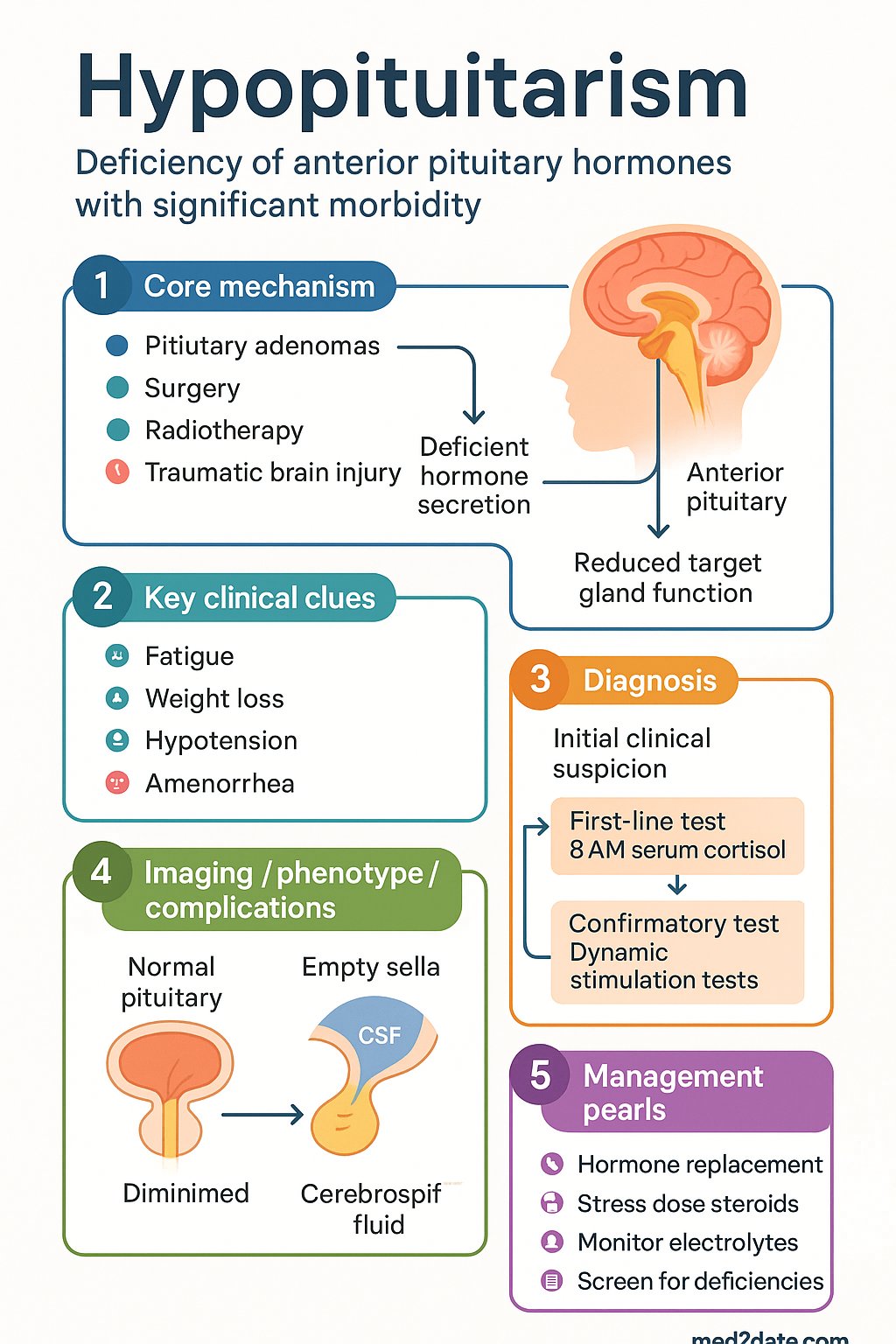 Hypopituitarism clinical infographic — pathophysiology, clinical clues, diagnosis, imaging, and management