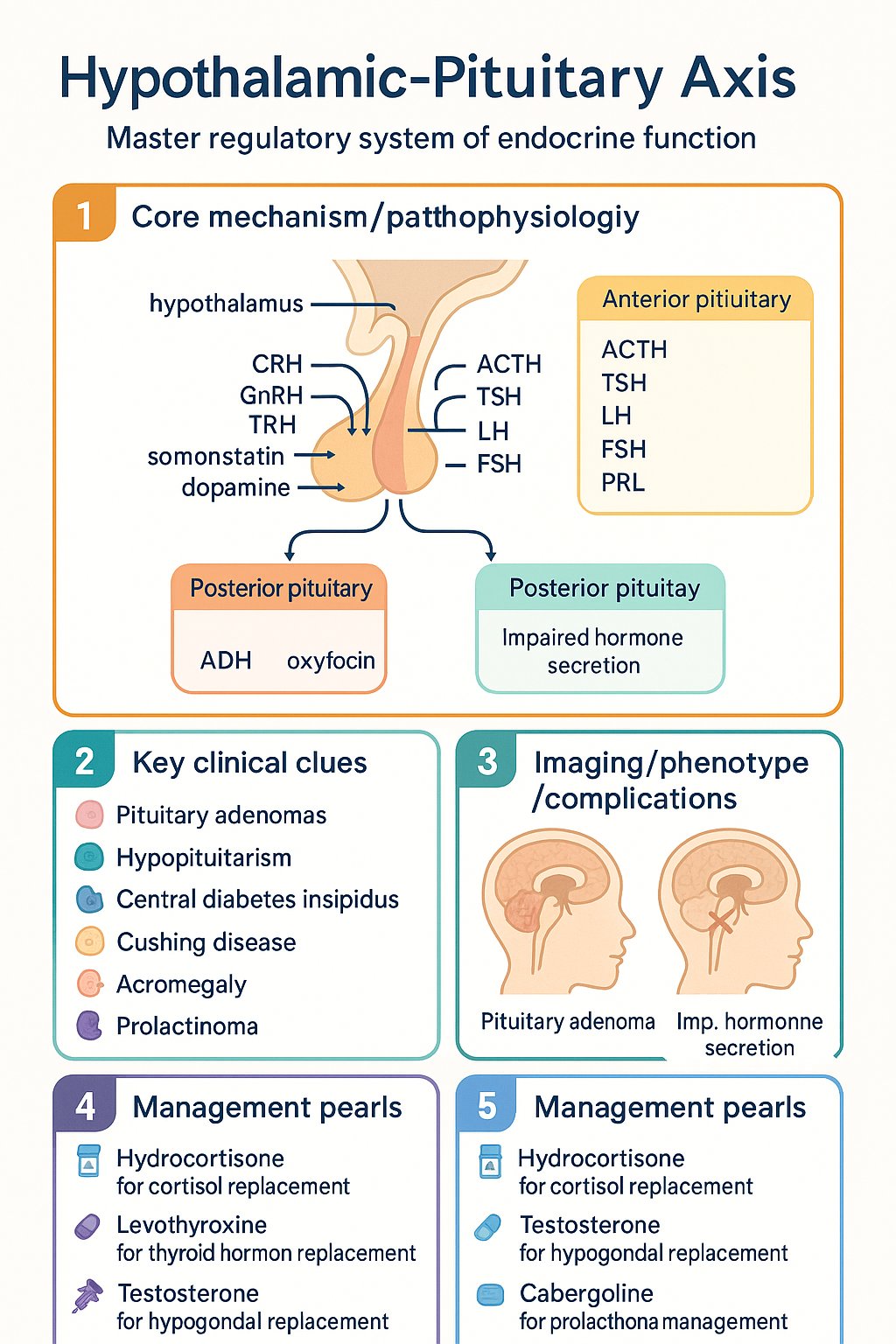 Hypothalamic-Pituitary Axis (HPA) clinical infographic — pathophysiology, clinical clues, diagnosis, imaging, and management