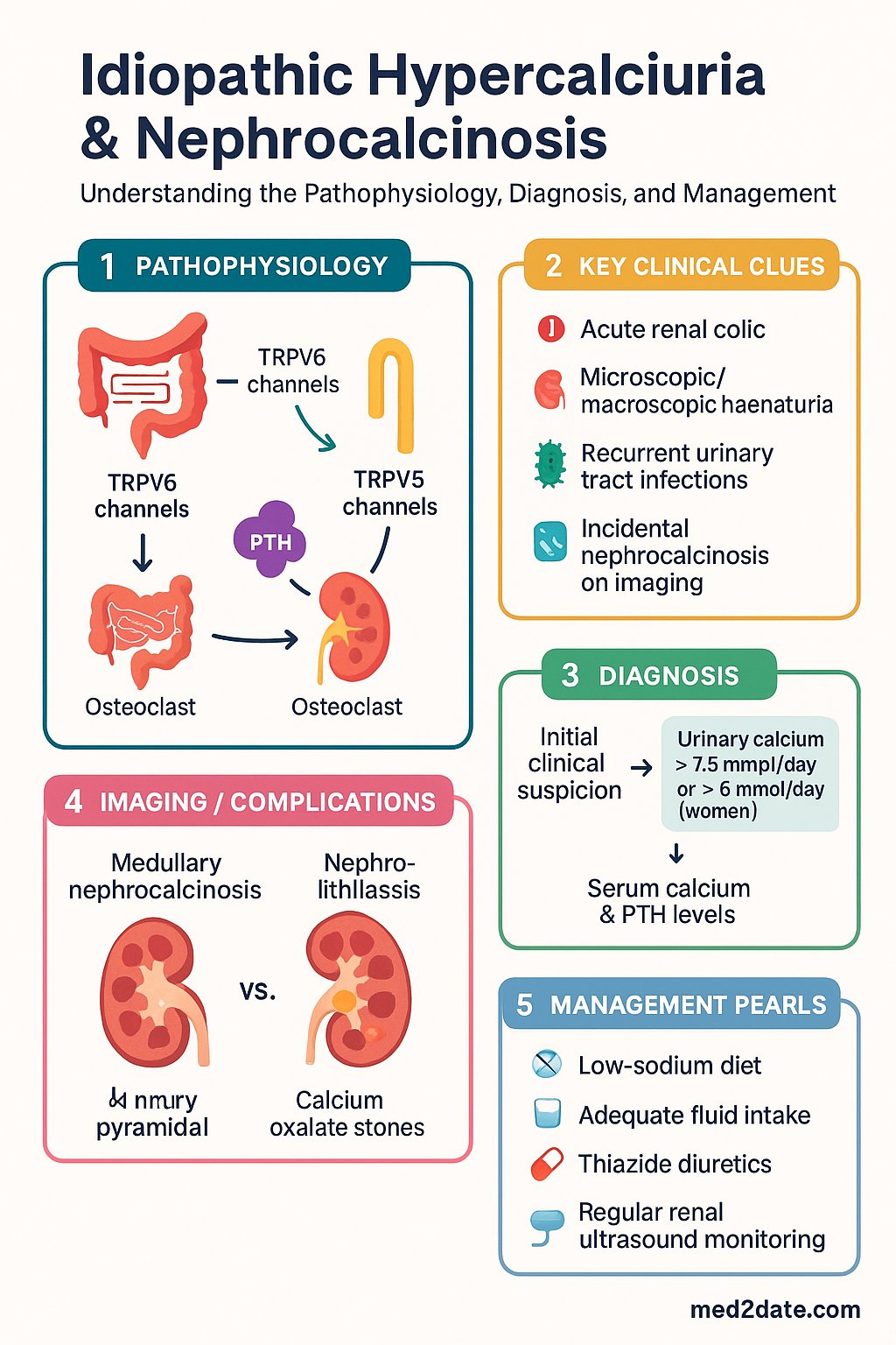 Idiopathic Hypercalciuria & Nephrocalcinosis clinical infographic — pathophysiology, clinical clues, diagnosis, imaging, and management