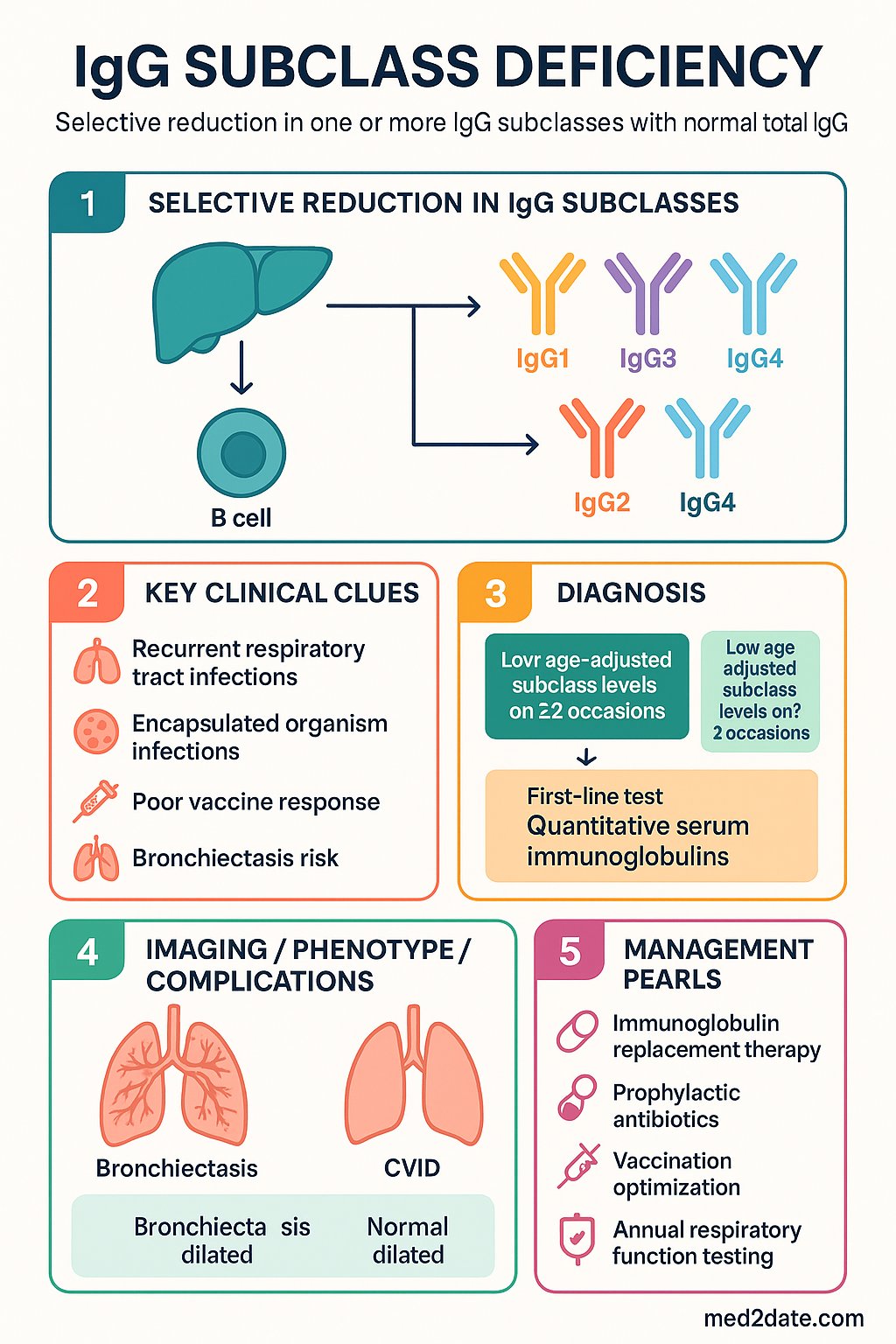 IgG Subclass Deficiency clinical infographic — pathophysiology, clinical clues, diagnosis, imaging, and management
