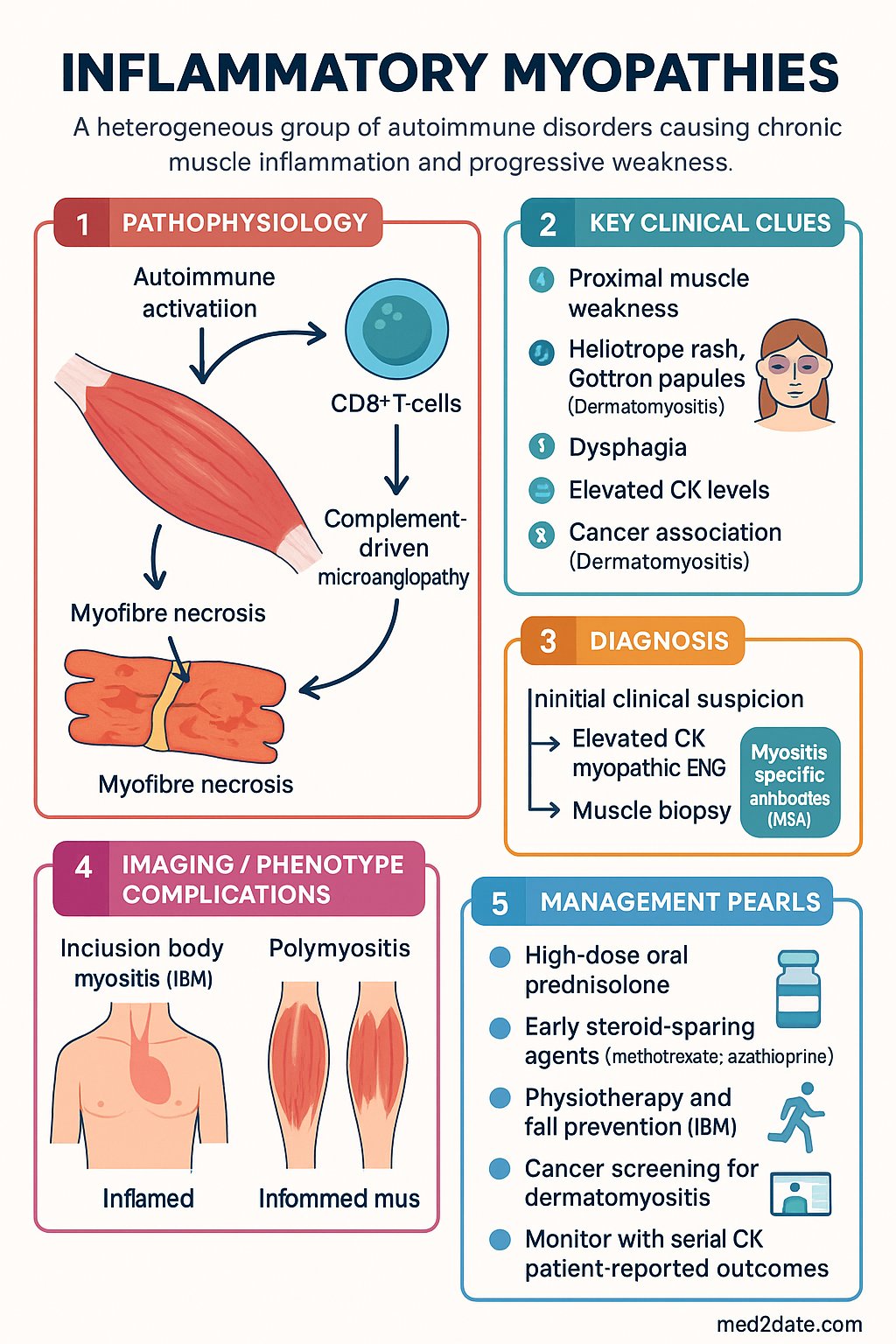 Inflammatory Myopathies clinical infographic — pathophysiology, clinical clues, diagnosis, imaging, and management