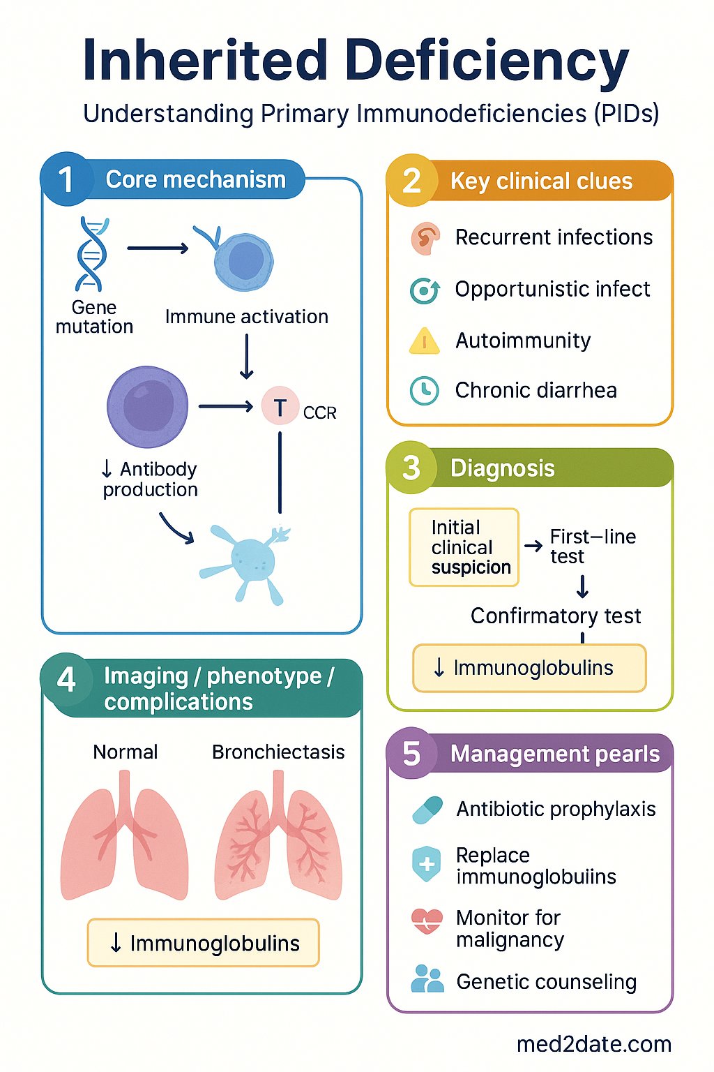 Inherited Deficiency clinical infographic — pathophysiology, clinical clues, diagnosis, imaging, and management
