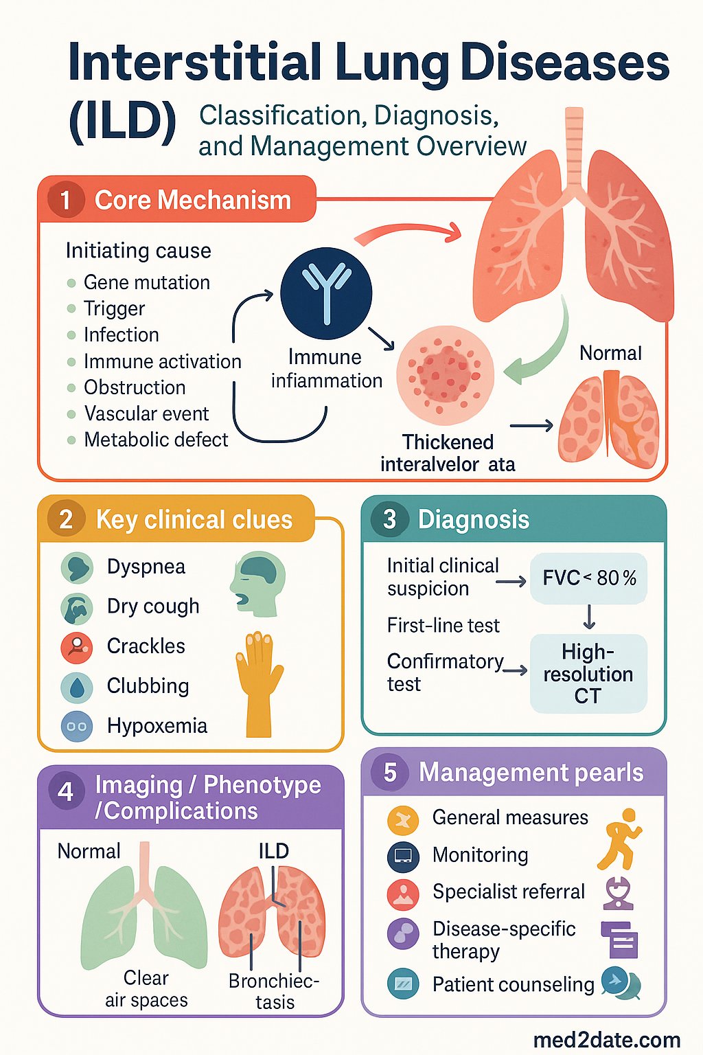 Interstitial Lung Diseases (ILD) clinical infographic — pathophysiology, clinical clues, diagnosis, imaging, and management