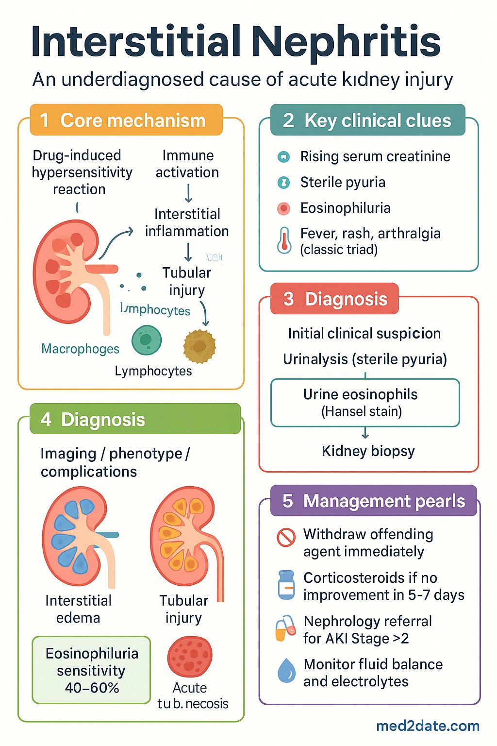 Interstitial Nephritis clinical infographic — pathophysiology, clinical clues, diagnosis, imaging, and management