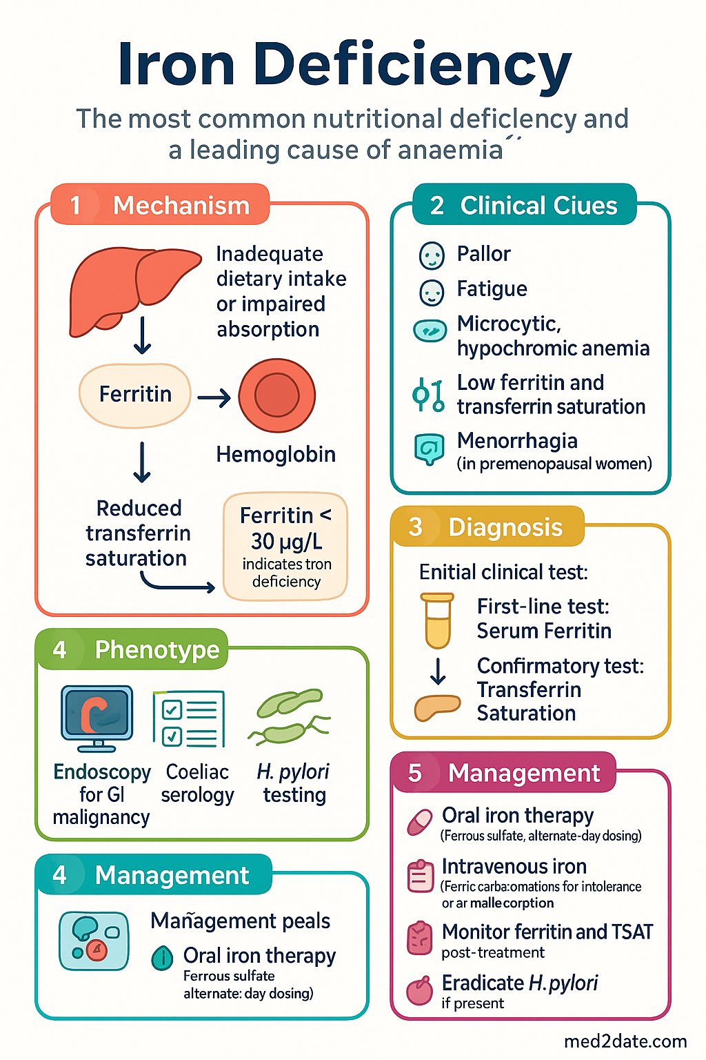 Iron Deficiency clinical infographic — pathophysiology, clinical clues, diagnosis, imaging, and management