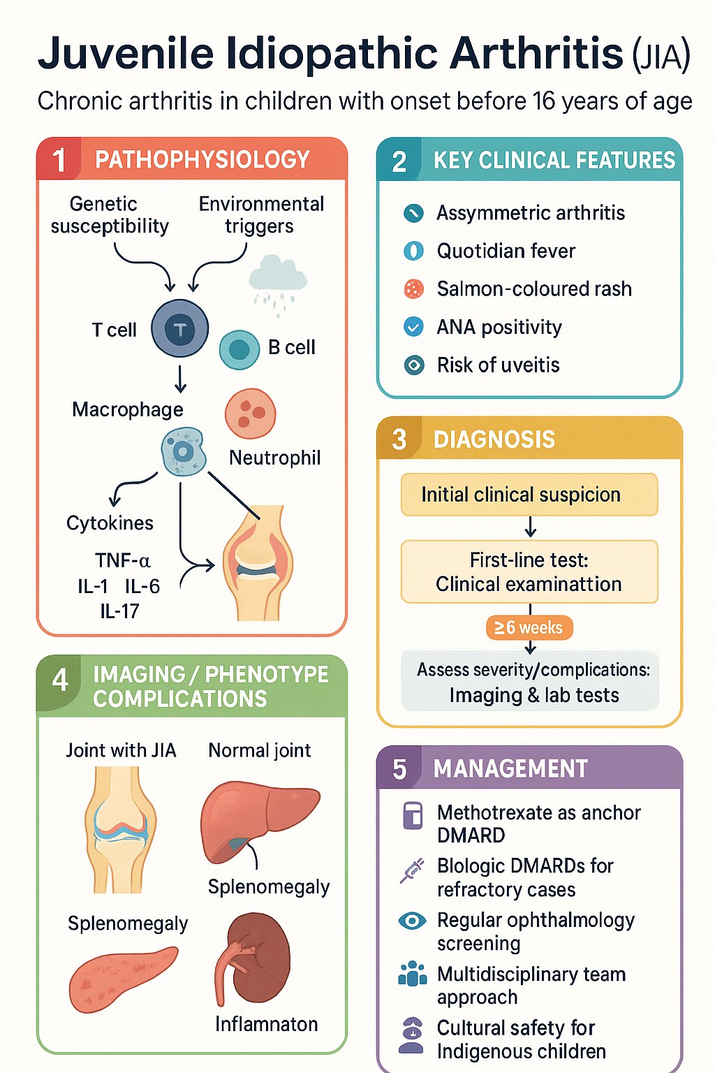Juvenile Idiopathic Arthritis clinical infographic — pathophysiology, clinical clues, diagnosis, imaging, and management