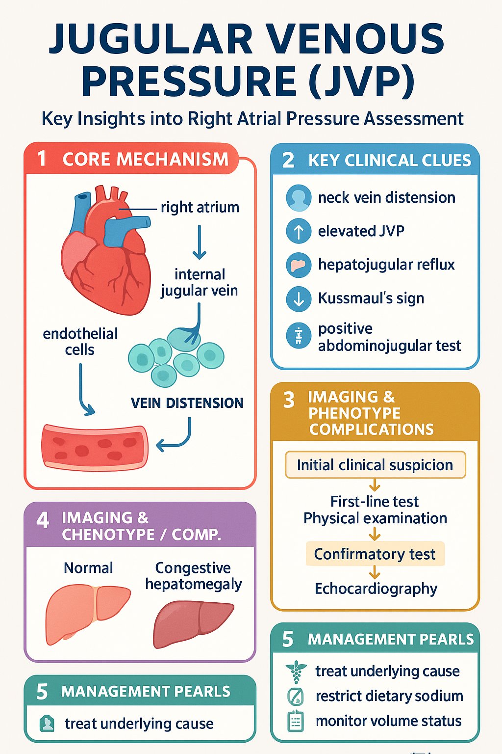 JVP (Jugular Venous Pressure) clinical infographic — pathophysiology, clinical clues, diagnosis, imaging, and management