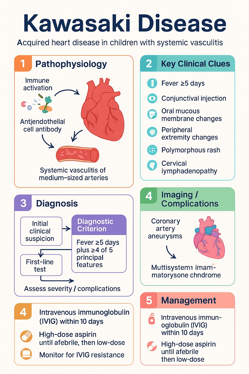 Kawasaki Disease clinical infographic — pathophysiology, clinical clues, diagnosis, imaging, and management
