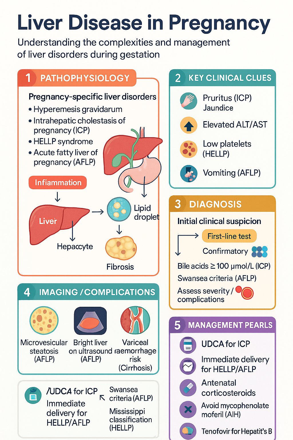 Liver Disease in Pregnancy clinical infographic — pathophysiology, clinical clues, diagnosis, imaging, and management