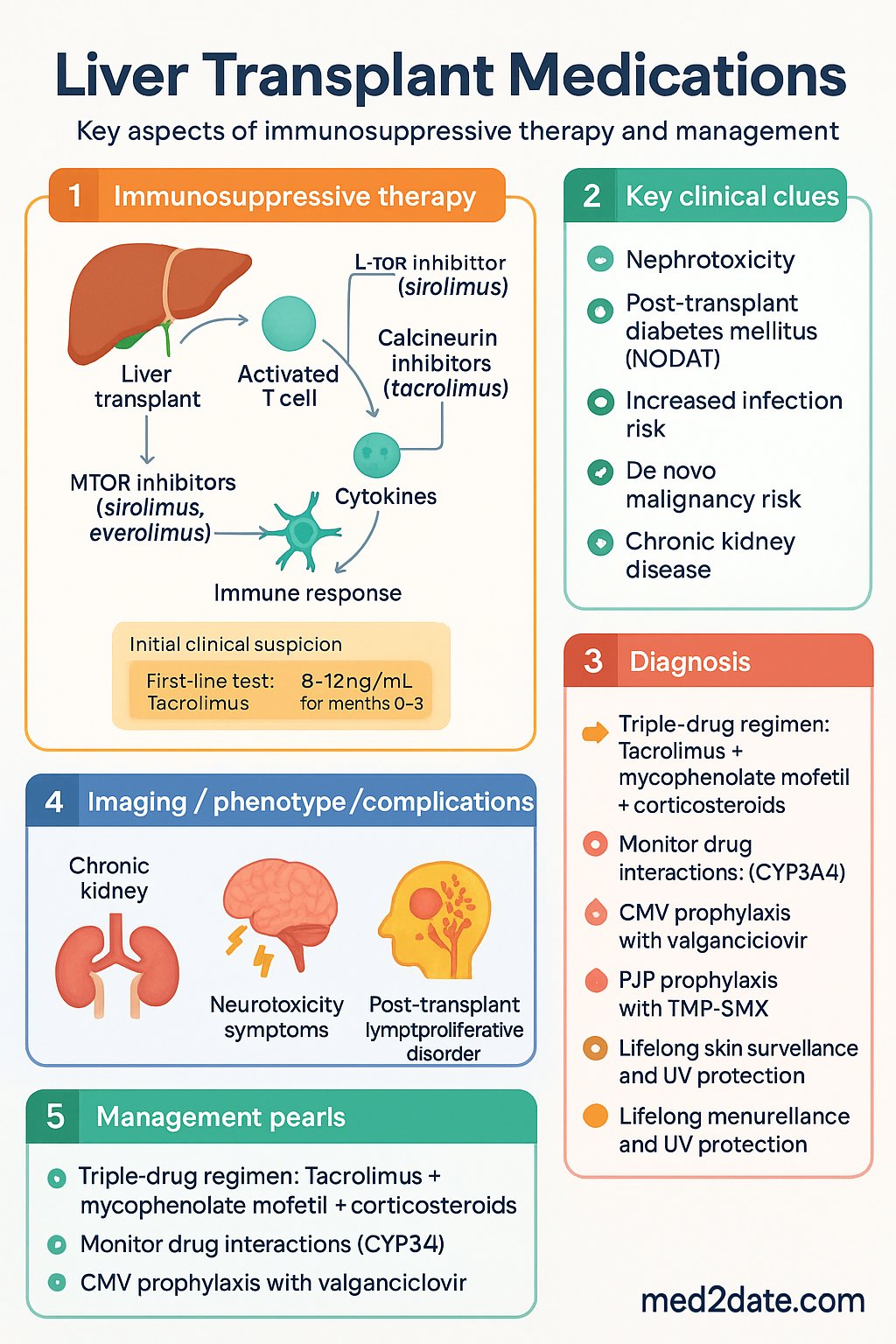 Liver Transplant Medications clinical infographic — pathophysiology, clinical clues, diagnosis, imaging, and management